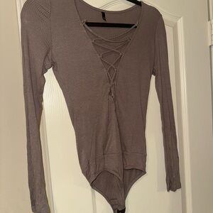 Brown Fitted Bodysuit with Tie Front Detail